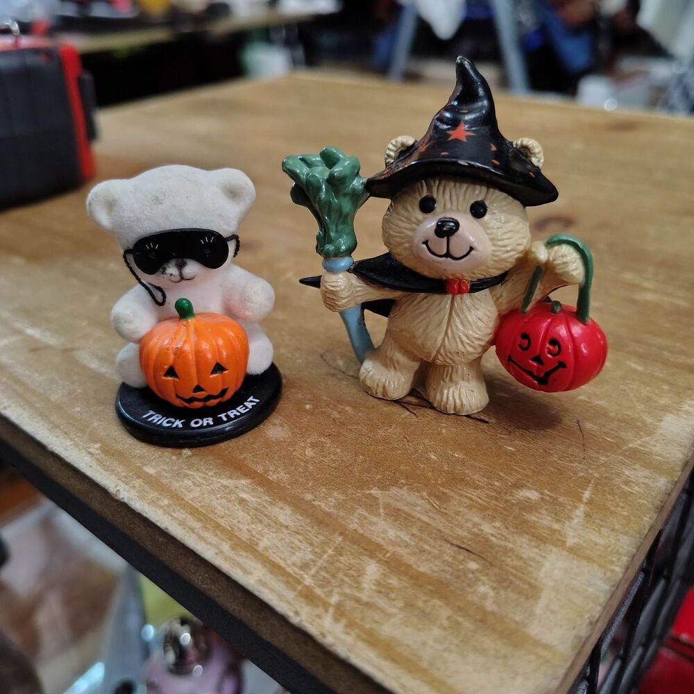 VTG Enesco Flocked Halloween Teddy & Teddy Dressed As Witch Small Figs Lot Of 2